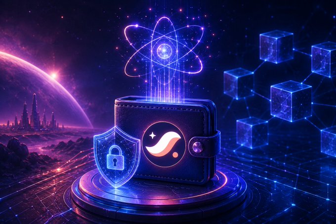The image depicts a futuristic cosmic scene featuring a glowing wallet with a security shield, an atomic symbol representing quantum computing, and interconnected digital cubes symbolizing blockchain technology, visually reinforcing the post's message about Starknet's quantum-secure transactions. The "S" emblem on the wallet and the lock icon emphasize the chain's commitment to affordable, post-quantum security using Falcon-512 signatures.