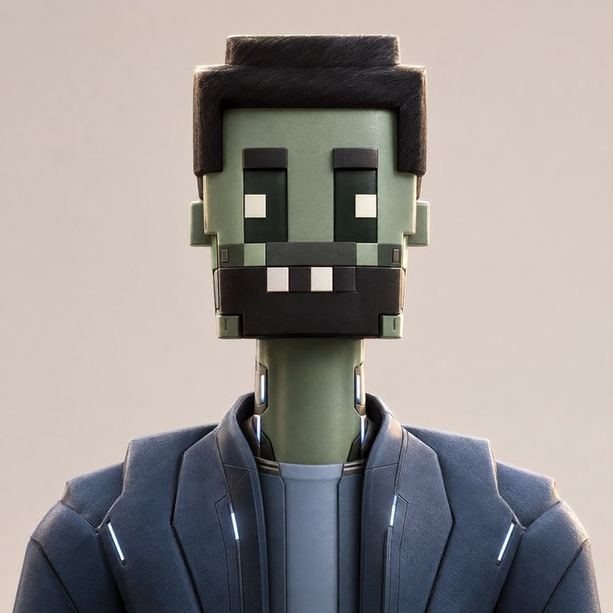 A 3D rendered character with a blocky, pixelated face, dark hair, and a beard, wearing a blue blazer over a light blue shirt.