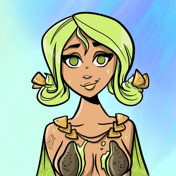 A cartoon illustration shows a green-skinned woman with green hair styled in buns, wearing what appears to be a dress made of plant-like or earthy materials.