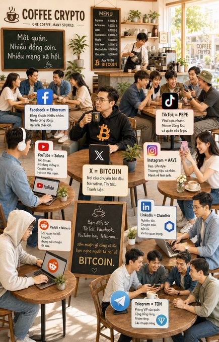 An illustrated coffee shop scene titled 'COFFEE CRYPTO' depicts people interacting with various social media platforms and cryptocurrencies, with labels like 'Facebook = Ethereum', 'X = BITCOIN', and 'Telegram = TON'.