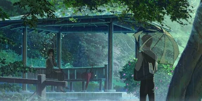 An anime-style illustration of two characters in a rainy scene; one sits under a sheltered wooden structure while the other stands holding a yellow umbrella.