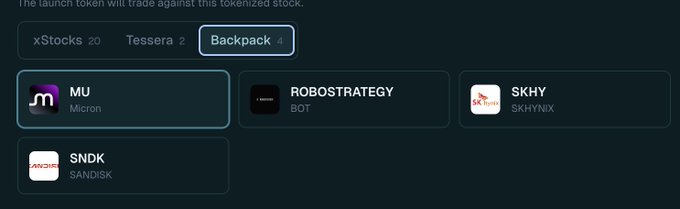 The image displays a tokenized stock selection menu on what appears to be Backpack's launch token platform, showing category tabs (xStocks, Tessera, Backpack) and four selectable stock tokens: MU (Micron), ROBOSTRATEGY (BOT), SKHY (SKHYNIX), and SNDK (Sandisk). This menu relates to the post by showing the specific memory and storage-related stocks (MU, SKHY, and SNDK) that the user is proposing to combine into a single "memory pair" launch token.