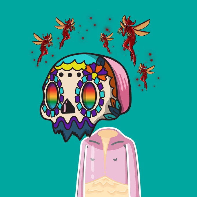 A colorful Huamani sugar skull mask with rainbow eyes and floral decorations sits atop a pink Timer Body figure, surrounded by five red horned fairies with orange wings on a teal background—illustrating a rare Los Muertos NFT collection piece.