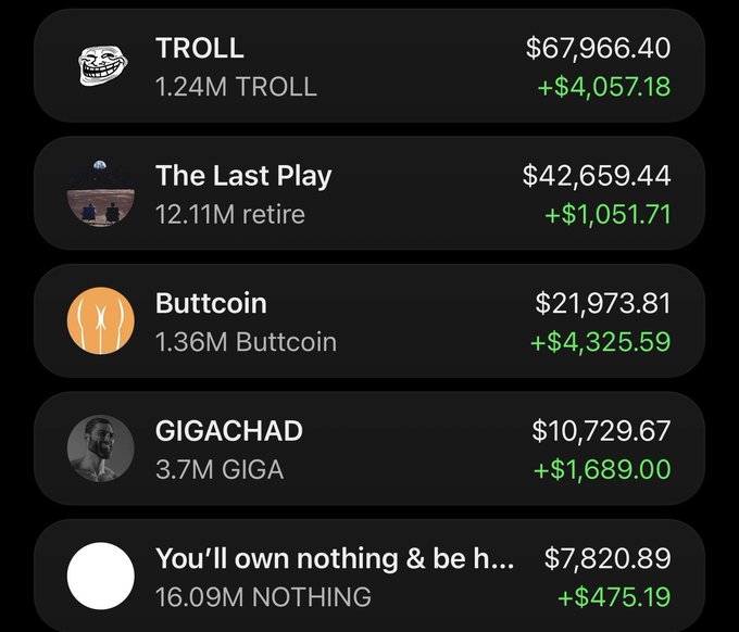 A portfolio dashboard shows gains across five meme coin/token holdings—TROLL ($67,966.40, +$4,057.18), The Last Play ($42,659.44, +$1,051.71), Buttcoin ($21,973.81, +$4,325.59), GIGACHAD ($10,729.67, +$1,689.00), and "You'll own nothing & be h..." ($7,820.89, +$475.19)—all posting positive returns that reflect the celebratory $150k DCA wallet milestone.