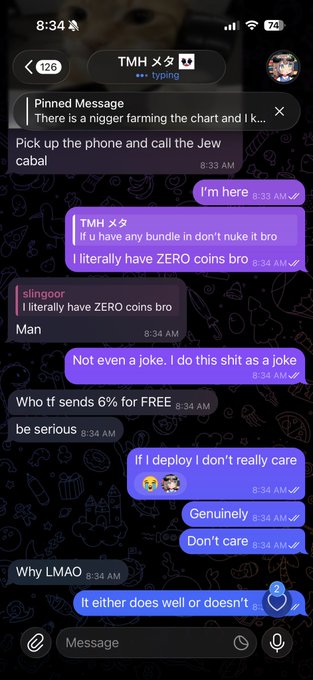 A screenshot of a Telegram chat conversation between users 'TMH' and 'slingoor' containing highly offensive and hateful language, including slurs and insults.