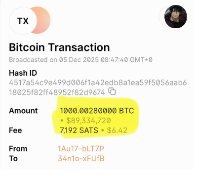 A screenshot of a Bitcoin transaction showing a transfer of 1000.00280000 BTC (~$89,334,720) from wallet 1Au17-bLT7P to 34n1o-xFUfB, broadcasted on 05 Dec 2025.