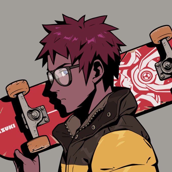 An anime-style illustration shows a young man with purple hair and glasses carrying a red Suzuki skateboard.