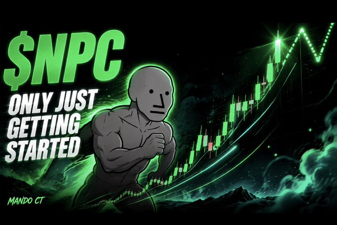 A bold green-and-black promotional graphic features the "$NPC" ticker in large text alongside the phrase "ONLY JUST GETTING STARTED," with a muscular featureless humanoid figure clenching its fist in front of an upward-trending green candlestick chart that visually reinforces the post's claim of a nearly 70% rally and building momentum.
