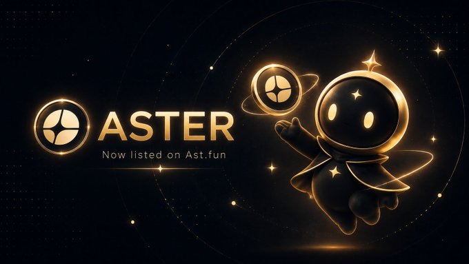 A promotional banner for ASTER cryptocurrency announcing 'Now listed on Ast.fun' with a golden astronaut mascot and celestial background.