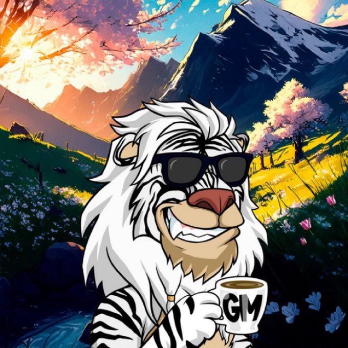 A cartoon illustration of a smiling white-maned lion wearing black sunglasses and holding a white mug labeled 'GM', set against a scenic mountain landscape with cherry blossoms and flowers.