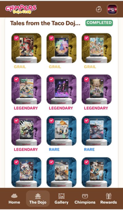 A screenshot of the 'Chimpers Dojo' mobile app showing a completed collection called 'Tales from the Taco Dojo' with various GRAIL, LEGENDARY, and RARE NFT cards displayed.
