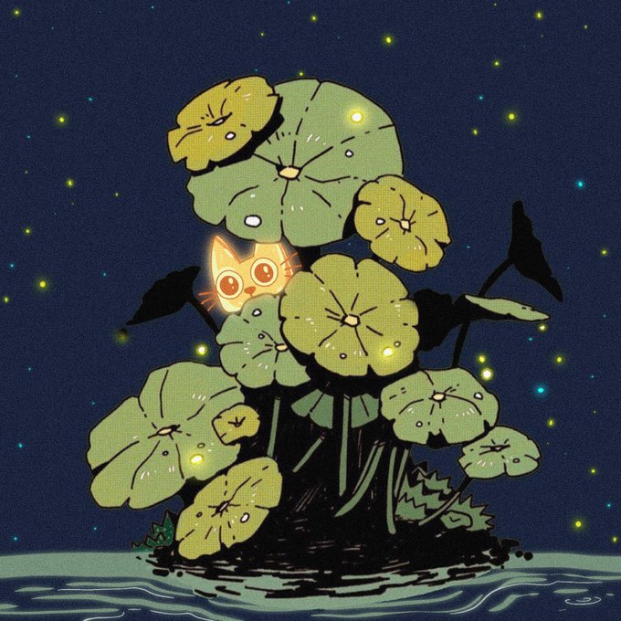An illustration of a glowing-eyed cat peeking out from behind large green lily pads at night, surrounded by fireflies against a dark starry sky.
