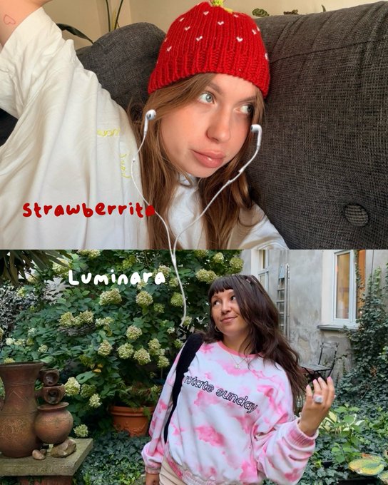 A split image showing two women labeled 'Strawberrita' (top, wearing a red heart-patterned beanie) and 'Luminara' (bottom, wearing a pink and white tie-dye 'create sundae' sweatshirt).