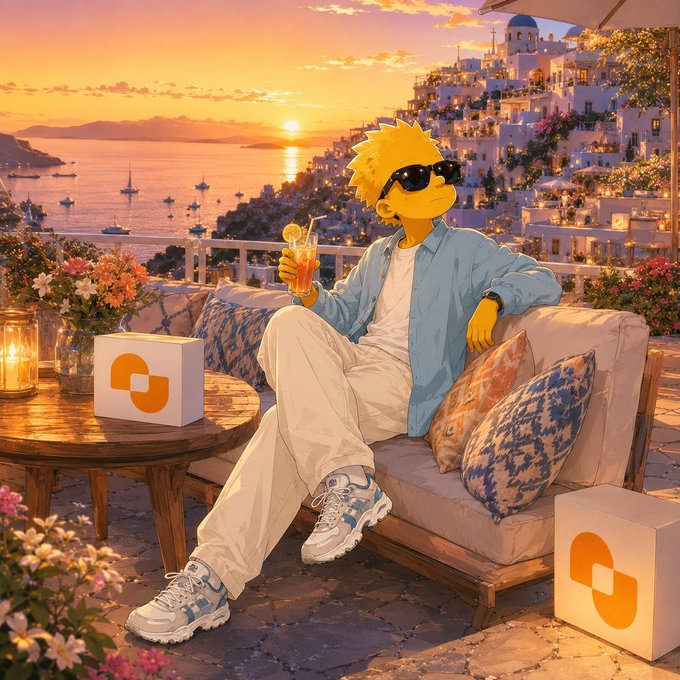 An anime-style illustration of a Bart Simpson-like character wearing sunglasses, a blue shirt, and white pants, lounging on a couch at sunset on a Mediterranean terrace, holding an orange drink next to a laptop with an orange logo.