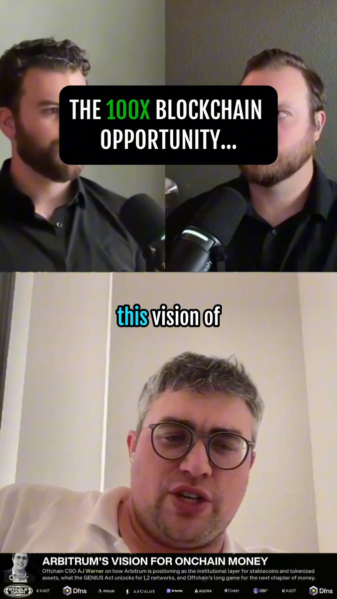 The image shows two men with beards wearing glasses, one of whom has a microphone attached to his face while they are talking about the programmable economy. The other man is sitting down, and there's text that reads "The 100X Blockchain Opportunity... This vision of @ajwarner90 from @Offchain puts it, every asset onchain."