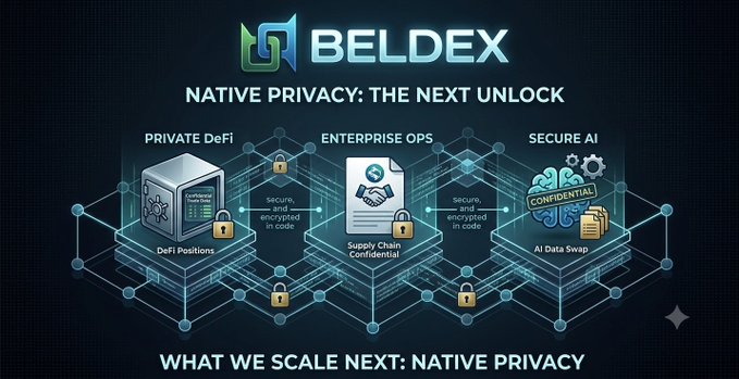 A dark infographic for 'BELDEX' titled 'NATIVE PRIVACY: THE NEXT UNLOCK' with three sections—Private DeFi, Enterprise Ops, and Secure AI—showing interconnected icons with padlocks, and the tagline 'WHAT WE SCALE NEXT: NATIVE PRIVACY'.