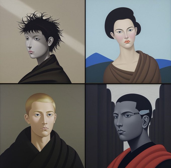 A 2x2 grid of four stylized, digital portraits depicting diverse characters with distinct hairstyles and clothing against simple, solid-color backgrounds.