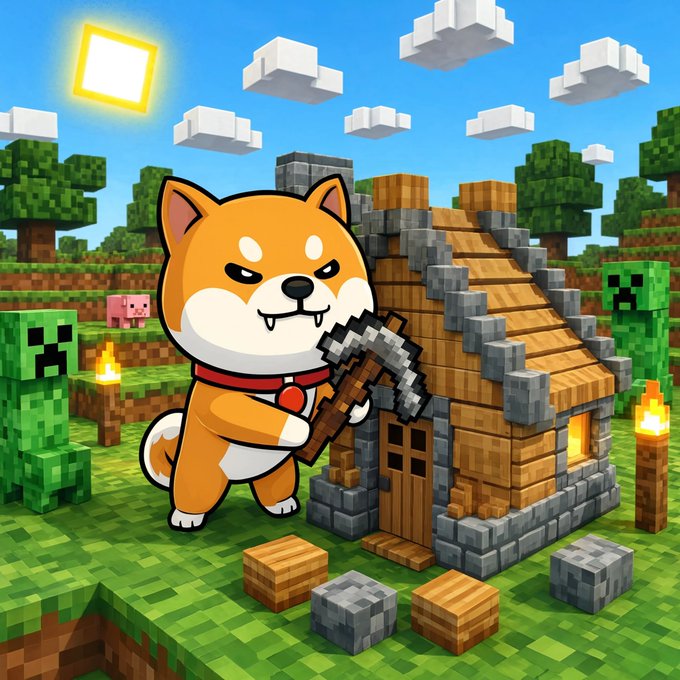 A digital illustration of an orange Shiba Inu dog holding a pixelated axe next to a wooden house in a Minecraft-style voxel landscape with blocky clouds, trees, and a creeper.