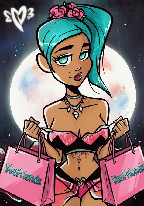 Cartoon-style illustration of a teal-haired female character holding two pink 'VeeFriends' shopping bags against a moon backdrop, with an 'EV3' logo in the corner.