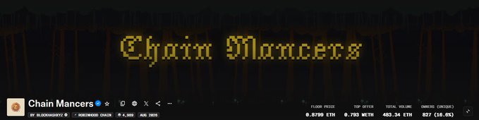 A webpage header for "Chain Mancers" featuring a pixel font title, a YouTube-style profile, and metrics showing FLOOR PRICE 0.5789 ETH, TOP OFFER 0.7935 WEETH, TOTAL VOLUME 403.34 ETH, and OWNERS 627.