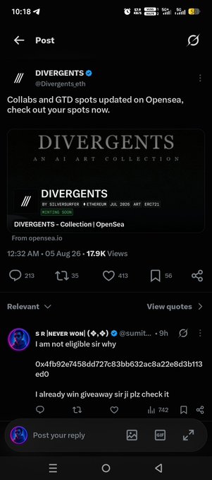 A Twitter post from @Divergents.eth announcing their AI Art Collection collaboration on OpenSea, with replies visible below.