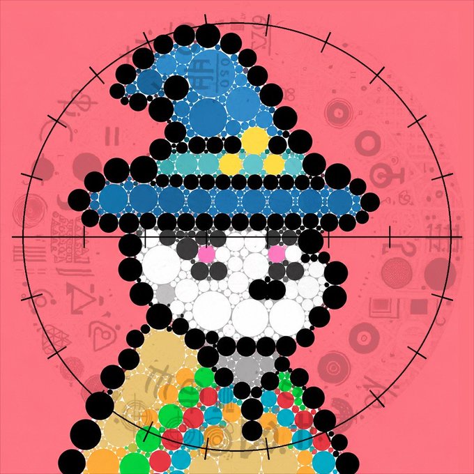 A pixel art portrait of a figure wearing a blue hat with colorful (yellow, red, green, blue) elements, set against a pink background with a circular target or dial design.