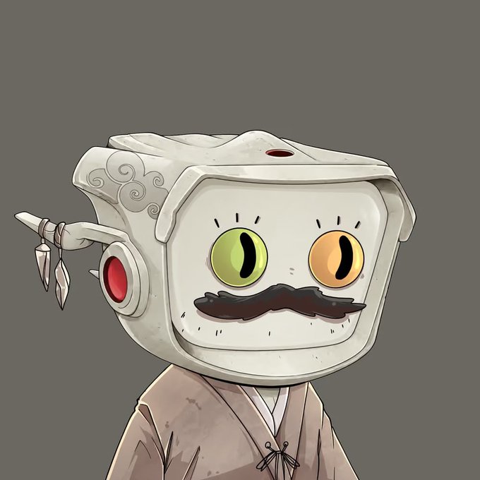 Digital artwork of a character with a box-shaped head, mismatched green and orange eyes, and a mustache, wearing a traditional Japanese-style garment.