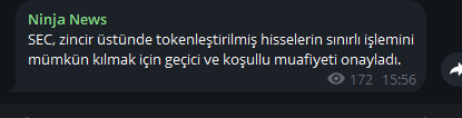 A screenshot of a "Ninja News" message in Turkish discussing SEC investigations into securities law violations related to tokenized securities on blockchain, which may be relevant to the user's inquiry about $ONDO, an asset tokenization platform potentially impacted by these regulatory developments.