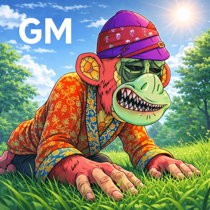 A stylized illustration of a monkey wearing a pirate hat and a colorful patterned shirt, crouching in grass with the text 'GM' in the upper left corner.