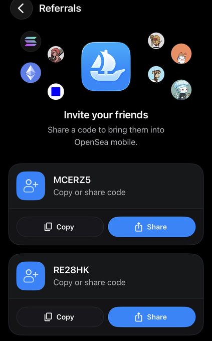A mobile screenshot of an OpenSea "Referrals" page showing invitation codes "MCERZ5" and "RE28HK" with options to copy or share them.