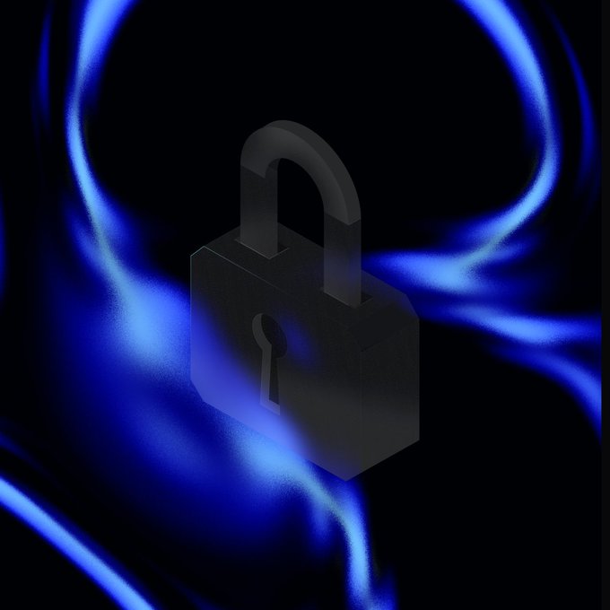 A glowing blue padlock symbol set against swirling electric blue light streaks in a dark background, visually reinforcing the post's message about Synthetix's private, secure, and gasless offchain trading engine where no one—not even Ken Griffin—can see a user's account-level trading data.