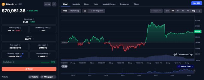 A CoinMarketCap chart page displays Bitcoin (BTC) priced at $79,951.36 (+2.39%), showing market cap of $1.6T, FDV of $1.67T, 24-hour volume of $18.7B, and circulating supply of 20.08M BTC.