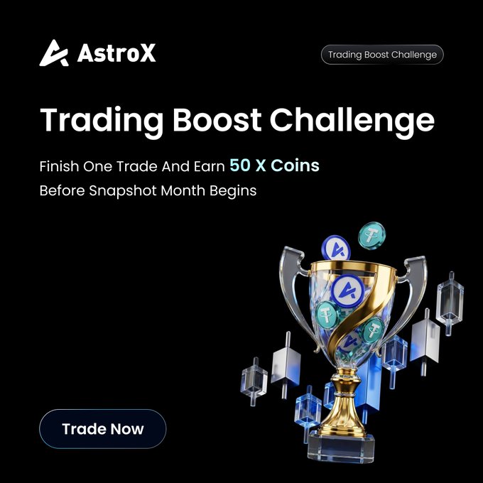 The image features a trophy, which appears to be an Astro X trading booster challenge trophy. It has three tiers of different sizes with gold lettering at the top representing A, B, and C. The text "Trading Booster Challenge" is clearly visible above the trophy, and "Trade now" can also be seen in the corner at the bottom right of the image. 
There are several trading cards scattered around the trophy, possibly used to determine the winner of the challenge or as memorabilia from participating. These cards come in different shapes, sizes, and colors but all feature the Astro X logo. The post includes a button for users to click on to learn more about joining this campaign, with an accompanying caption providing details about how much trading money one can win by participating in the challenge.