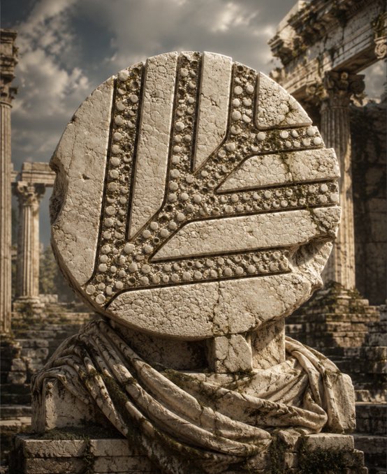 A 3D rendering of an ancient stone monument featuring a large circular disc carved with a stylized tree, set against a backdrop of classical ruins and a cloudy sky.
