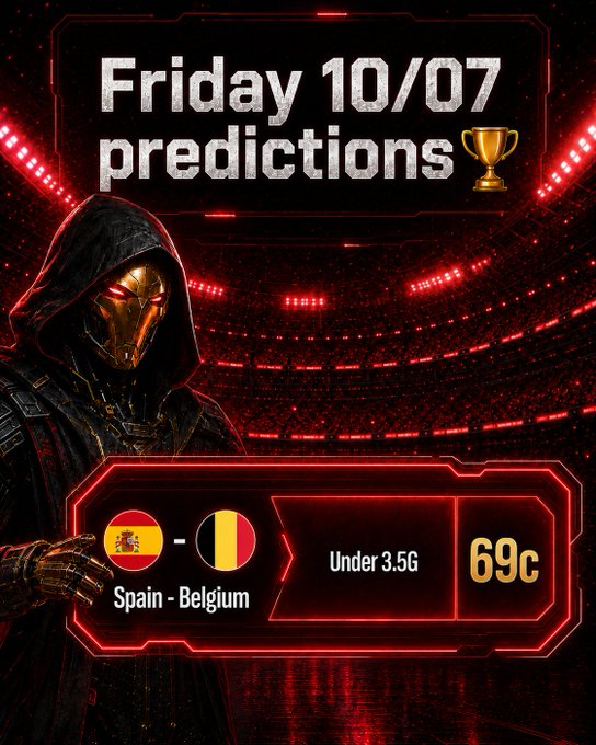 A sports betting prediction graphic for Friday 10/07 featuring a hooded figure in a gold mask, showing a Spain vs Belgium match with a tip of 'Under 3.5G' at 69c.