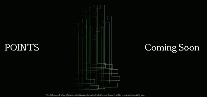 A promotional graphic for "POINTS" set to "Coming Soon," featuring a green wireframe figure resembling a hooded figure or statue against a black background. The disclaimer reads, "*Points Season 1 is launching soon. Early supporters who traded before Season 1 will be recognized along the way," relating to the post about offering limited spots for farming upcoming points.