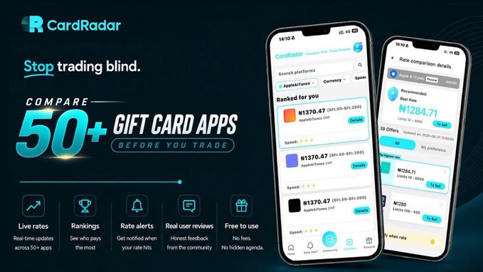 An advertisement for CardRadar, an app that lets users 'Stop trading blind' and 'COMPARE 50+ GIFT CARD APPS BEFORE YOU TRADE', showing screenshots of gift card rate comparisons.