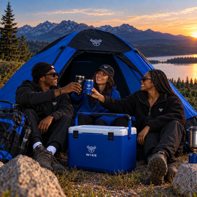 Three people in outdoor gear sit by a blue 'WISE' branded cooler and tent, toasting with mugs at sunset against a mountain lake backdrop.