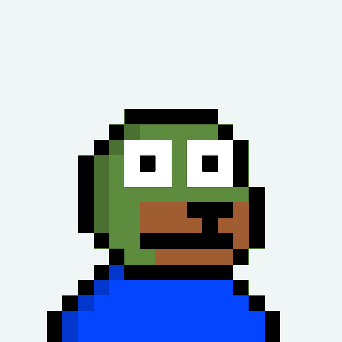 A pixel art character with a green face, wide white eyes, and a blue shirt, likely created to serve as a new profile picture ("pfp").