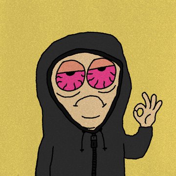 A cartoon illustration of a hooded figure with bloodshot pink eyes making an 'OK' hand gesture against a yellow background.