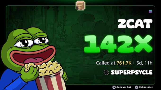 Promotional graphic featuring a Pepe the Frog character eating popcorn with 'ZCAT 142X - Called at 761.7K in 5d, 11h' and the Superpsycle logo, tagged @phanes.bot.