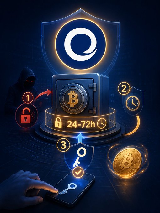 A digital illustration showing cryptocurrency security concepts, featuring a Bitcoin vault with a "24-72h" lock icon, a hooded hacker figure, a shield logo, and three numbered steps with padlock, clock, and key icons.