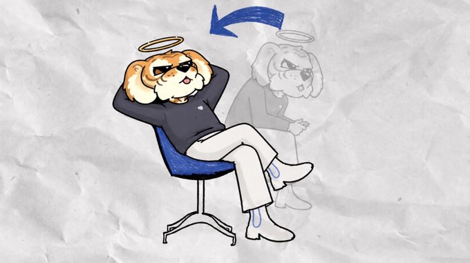 A cartoon illustration of a dog with a halo and sunglasses lounging confidently in a blue chair, with a faded ghostly reflection of itself and a blue arrow pointing left, drawn on a crumpled paper background.