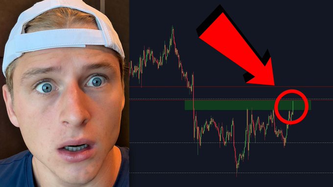 A young man with a surprised expression wears a backwards white cap next to a Bitcoin price chart showing a circled breakout point, which he references in his post announcing he's going live on YouTube to manage his breakout trade. A red arrow points to the circled area on the chart, highlighting the key technical level where the breakout occurred.