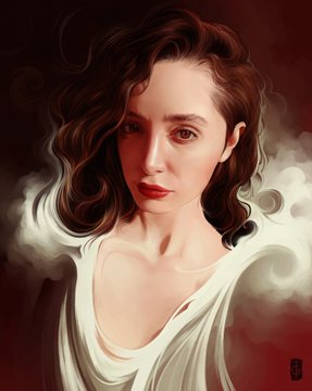 The image features a woman with long brown hair wearing a white blouse, looking at the camera directly. The background of the image has a red hue, which contrasts with her hair color. There are no texts or other objects present in the image.