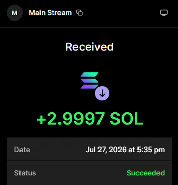 This image shows a "Received" confirmation for approximately 3 SOL (Solana) on July 27, 2026, with the status "Succeeded." It directly illustrates the "WIN + CASHOUT!!!" mentioned in the accompanying post, which advertises a Solana giveaway.