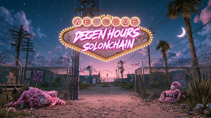 Digital artwork featuring a Las Vegas-style neon sign reading 'WELCOME DEGEN HOURS SOLONGCHAIN' in pink, set in a desert scene at twilight with pink monster creatures