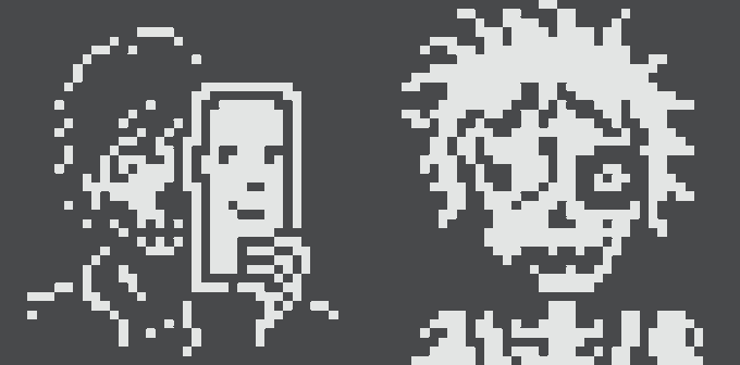 Pixel art style black and white image featuring two characters, one holding a framed portrait and the other appearing as a spiky-haired figure with a distinctive face.