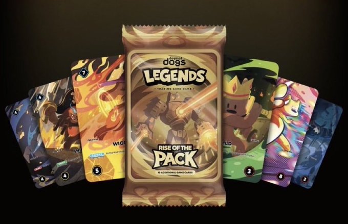 A promotional image for 'Dogs Legends - Rise of the Pack' trading card game, showing various card booster packs featuring characters like Wig, Swag, and Krash.
