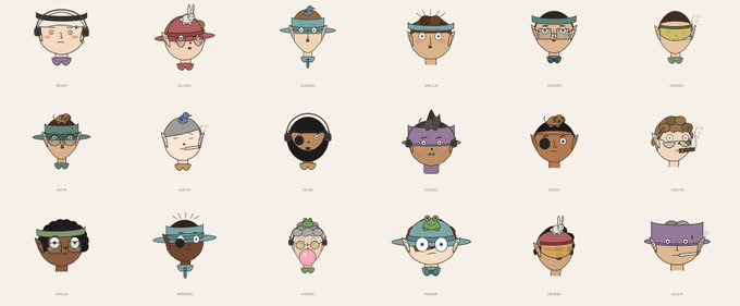 A collection of 18 cartoon NFT-style character avatars arranged in a 3x6 grid, featuring various characters with UFO-like headgear, hats, and different skin tones, each with a name label below.